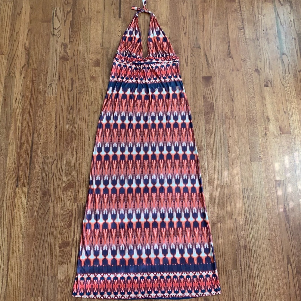 Vix Paula Hermanny Ikat print Peach Pink Cream Blue Jersey Halter Maxi Dress L - Picture 11 of 16